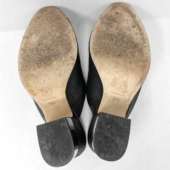 Chanel Striped Suede Peep Toe Mule Sandals with Logo Heel - Size 40.5 - Picture 8 of 10